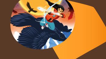 cartoon character on top of bird with bow and arrow