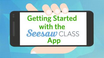 Cartoon hands holding phone with Seesaw Class App