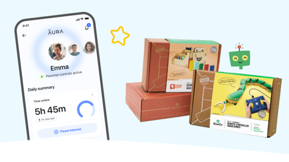Image with a screenshot of Aura Parental Controls and three KiwiCo activity crates